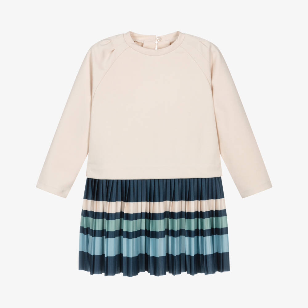 Mayoral-Girls Striped Pleated Beige Dress | Childrensalon Outlet