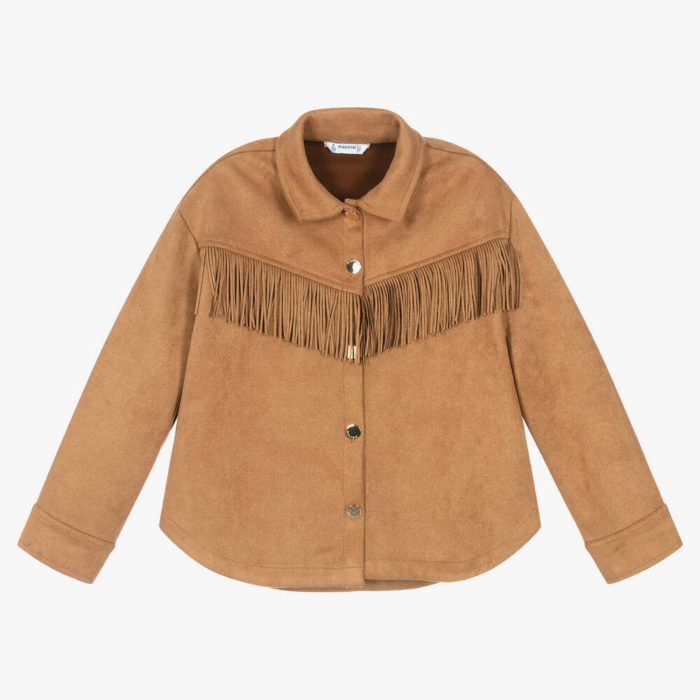 Mayoral-Girls Tan Brown Faux Suede Fringe Shirt | Childrensalon Outlet