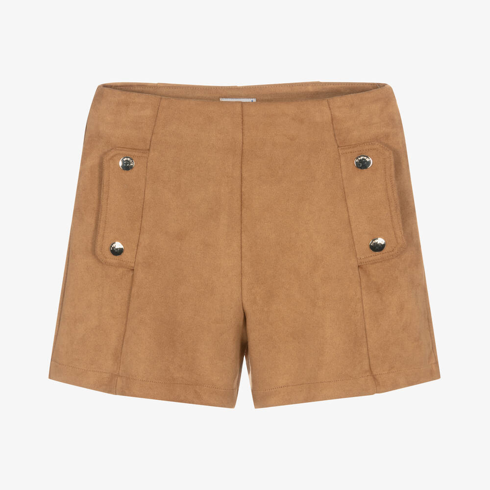 Mayoral - Girls Tan Brown Faux Suede Shorts | Childrensalon