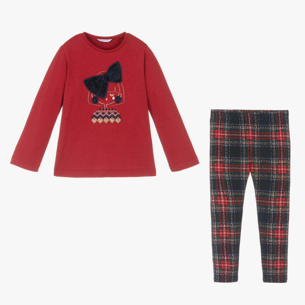 Mayoral-طقم ليقنز تارتان قطن لون أحمر للبنات | Childrensalon Outlet