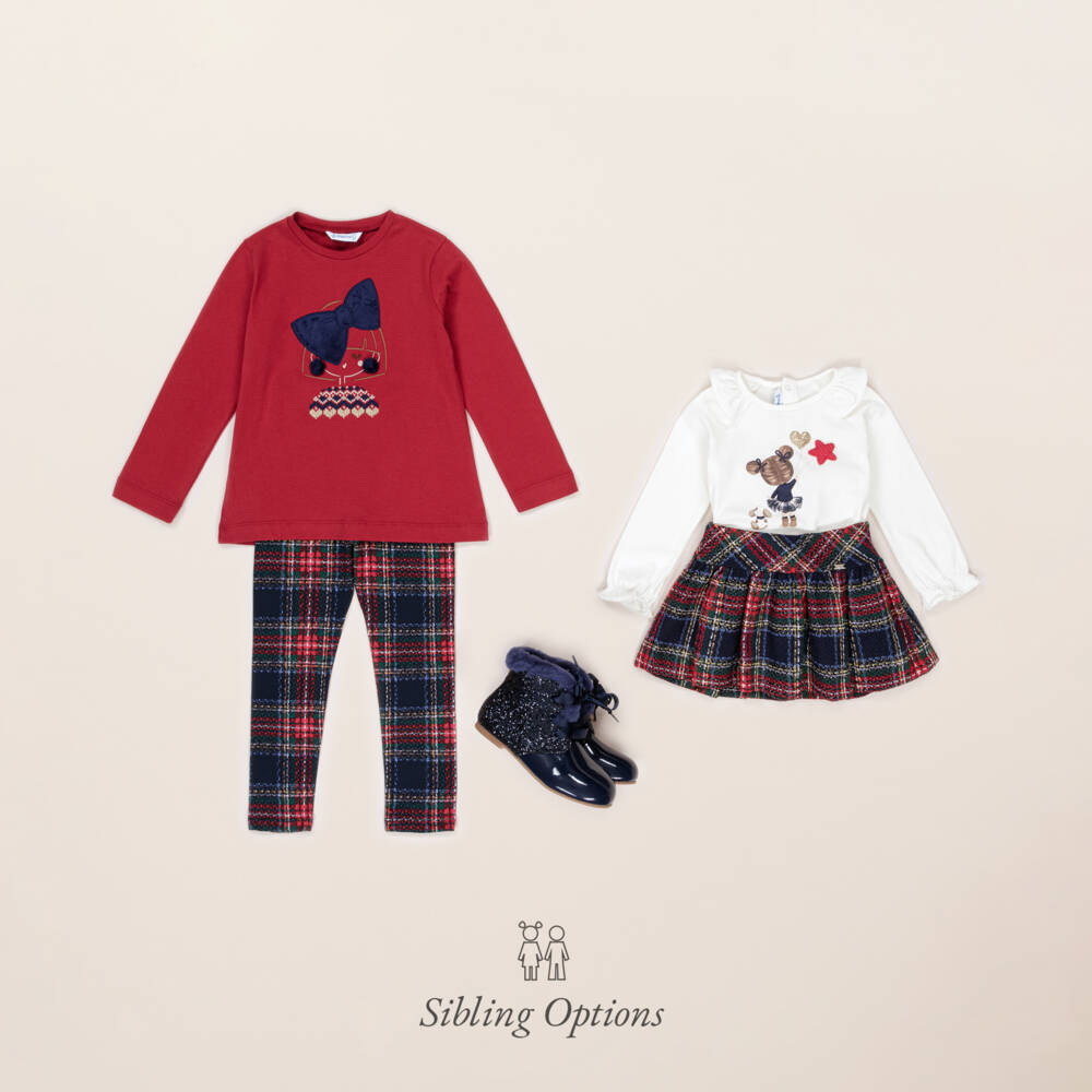 Mayoral-طقم ليقنز تارتان قطن لون أحمر للبنات | Childrensalon Outlet