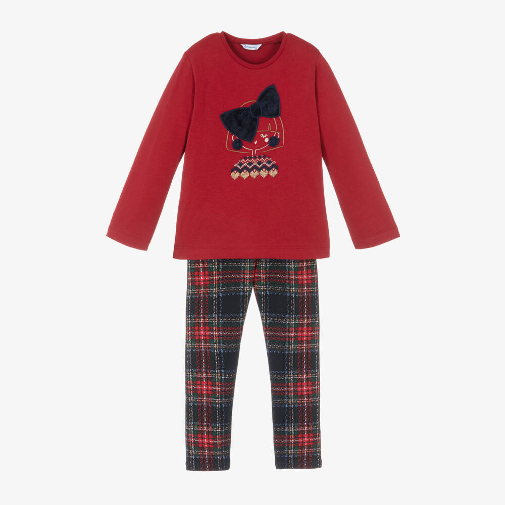 Mayoral-Girls Tartan Leggings and Red Top Set | Childrensalon Outlet