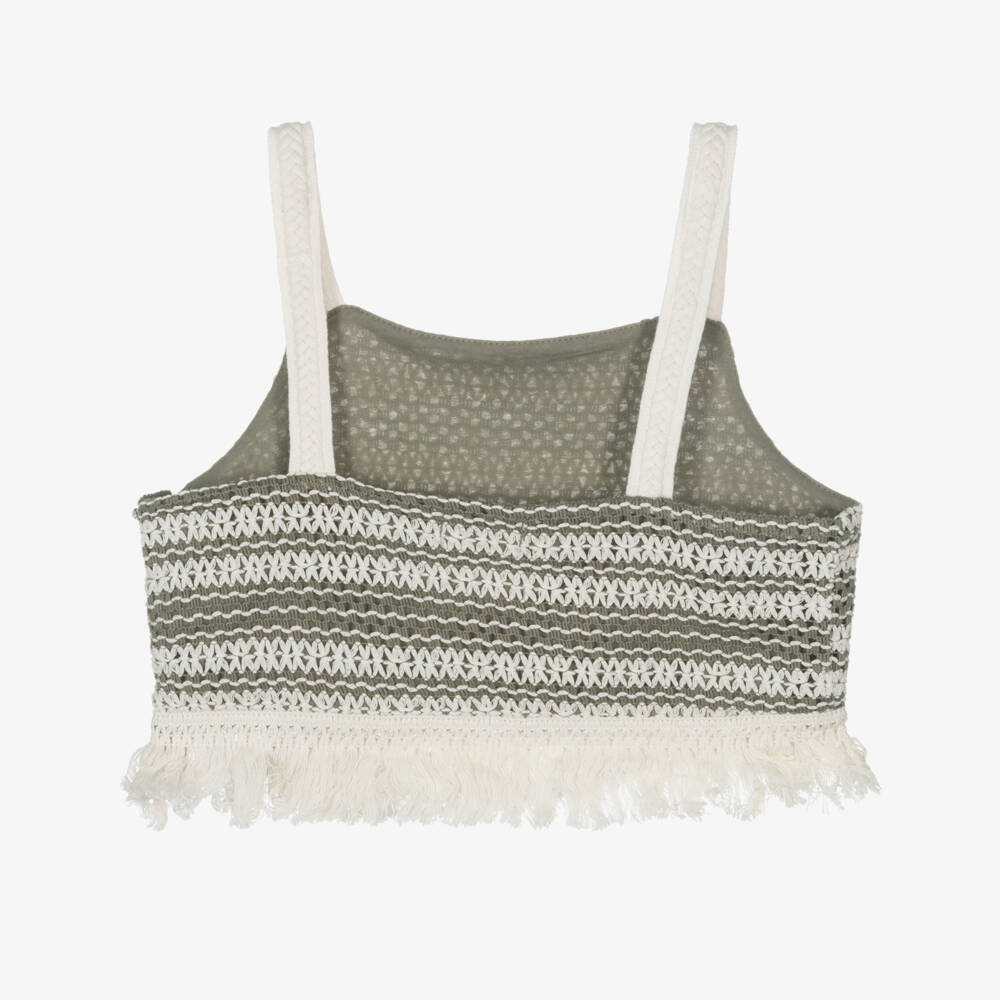 Mayoral-Girls Tassel-Trimmed Khaki & Ivory Top | Childrensalon Outlet
