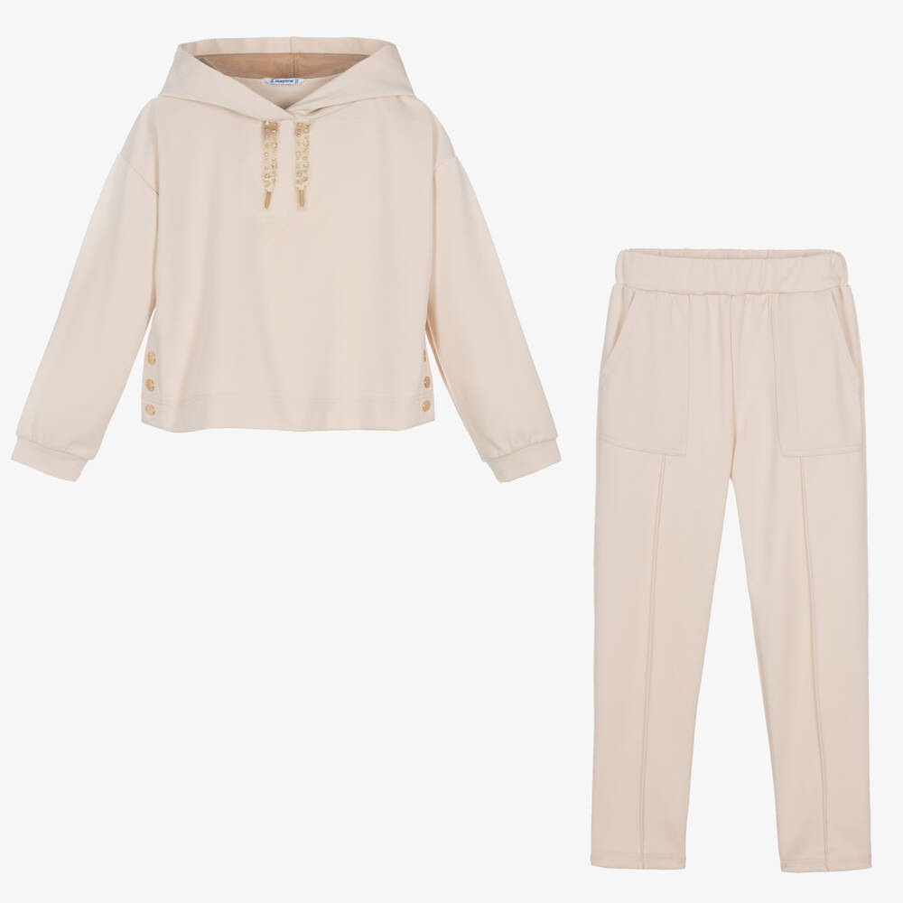 Mayoral-Girls Taupe Hooded Jogger Set | Childrensalon Outlet