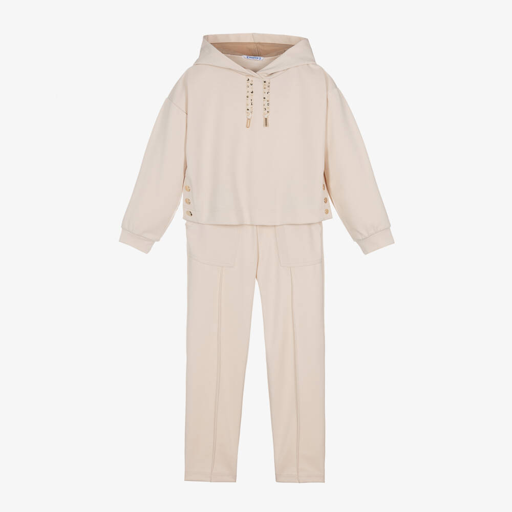 Mayoral-Girls Taupe Hooded Jogger Set | Childrensalon Outlet