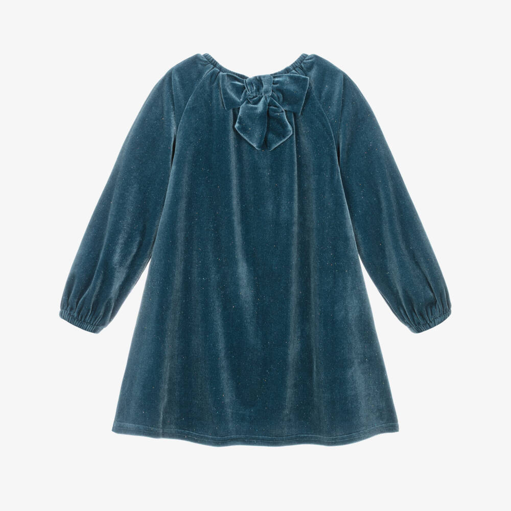 Mayoral-Girls Teal Blue Sparkly Velour Dress with Bow Detailing | Childrensalon Outlet