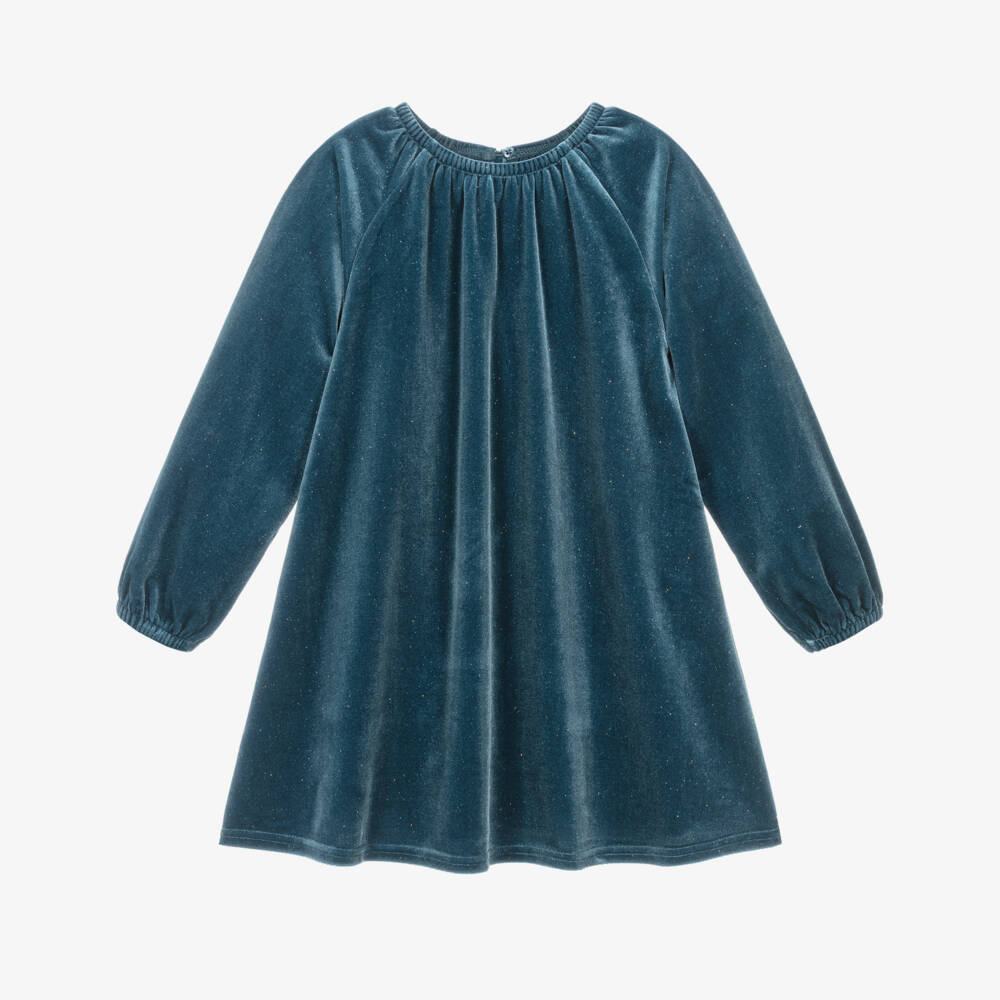 Mayoral-Girls Teal Blue Sparkly Velour Dress with Bow Detailing | Childrensalon Outlet