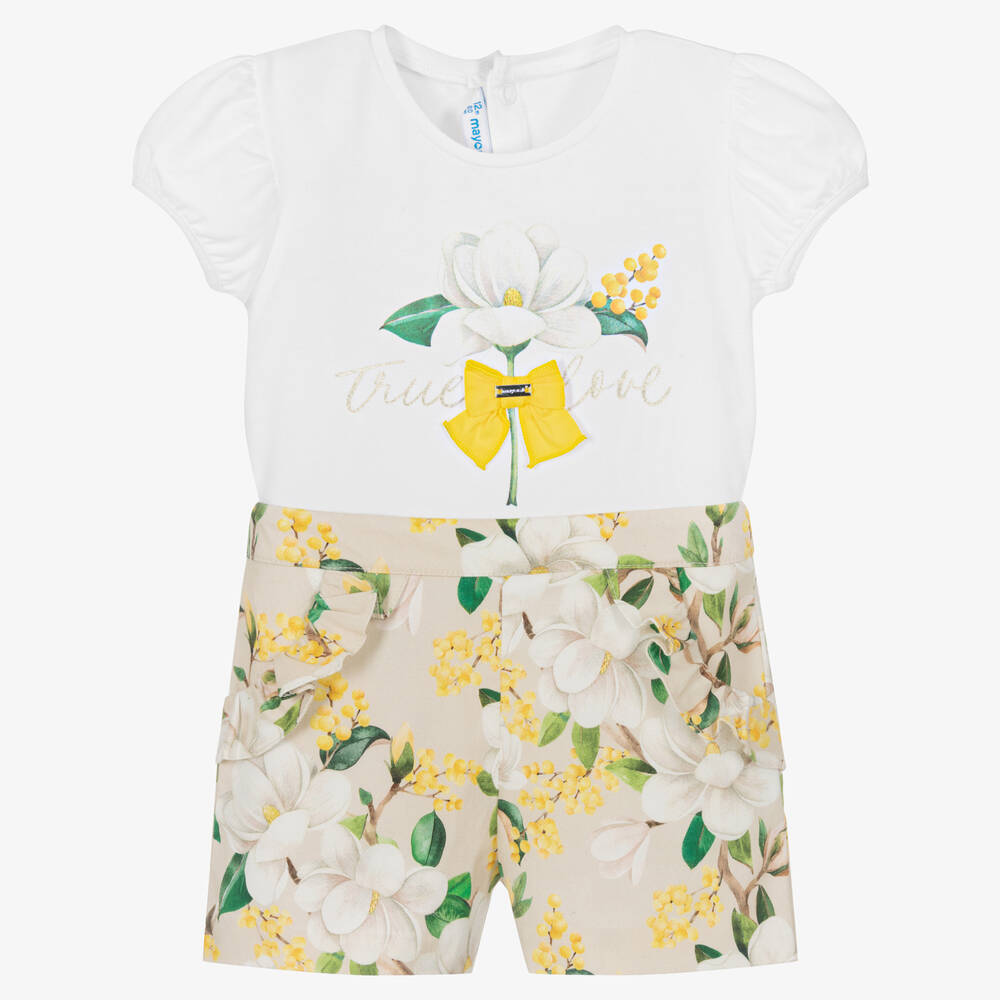 Mayoral - Blumen-Top & Shorts Set weiß/beige | Childrensalon