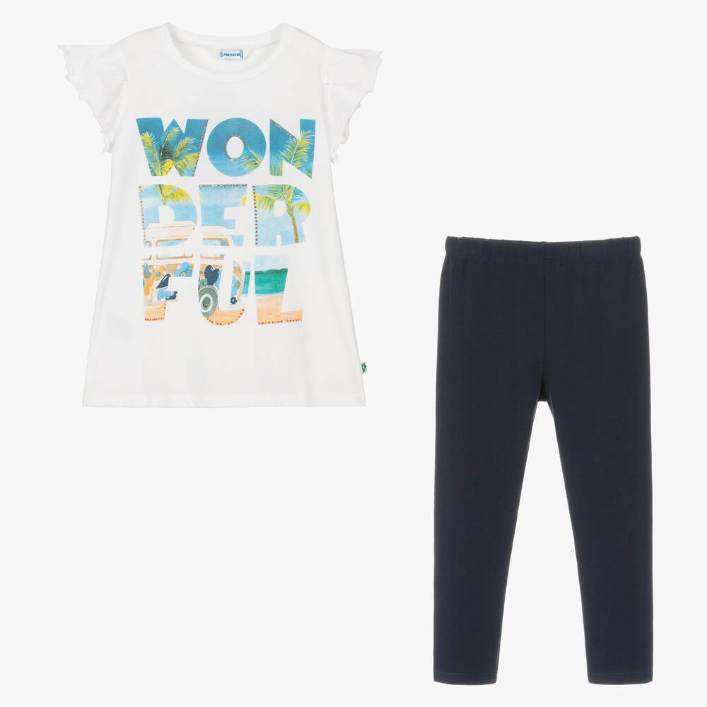 Mayoral-Girls White & Blue Cotton Leggings Set | Childrensalon Outlet