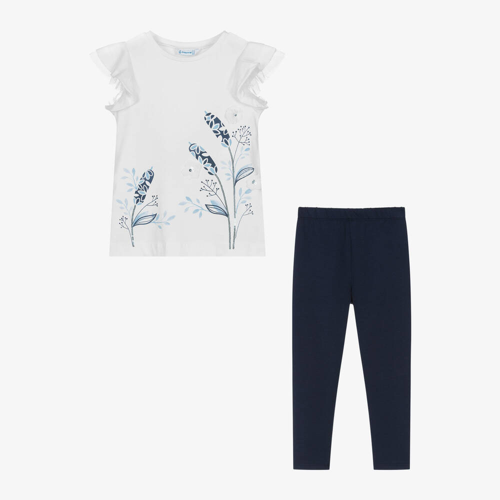 Mayoral-Girls White & Blue Cotton Leggings Set | Childrensalon Outlet