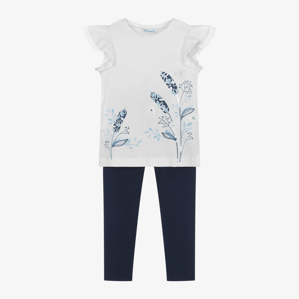 Mayoral-Girls White & Blue Cotton Leggings Set | Childrensalon Outlet