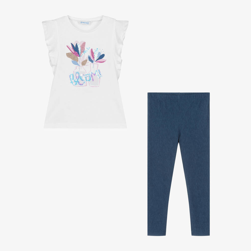 Mayoral-Girls White & Blue Cotton Leggings Set | Childrensalon Outlet