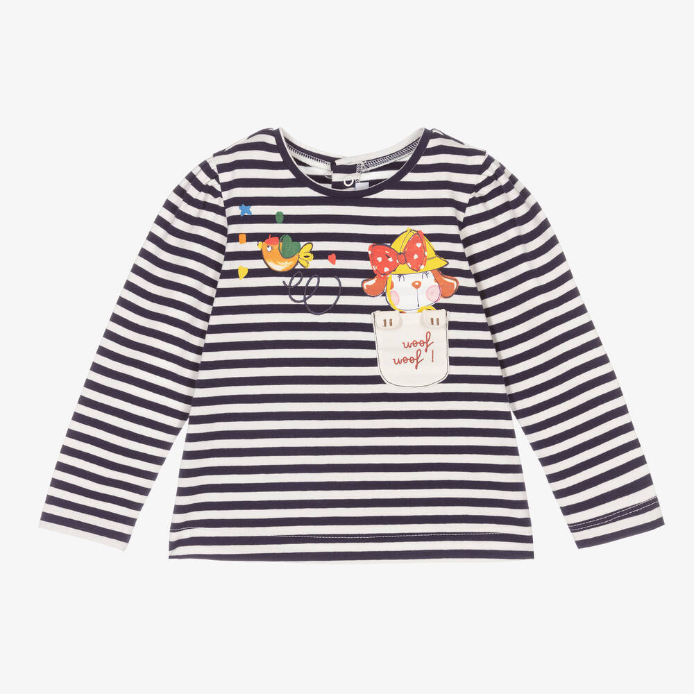 Mayoral - Girls White & Blue Cotton Top | Childrensalon