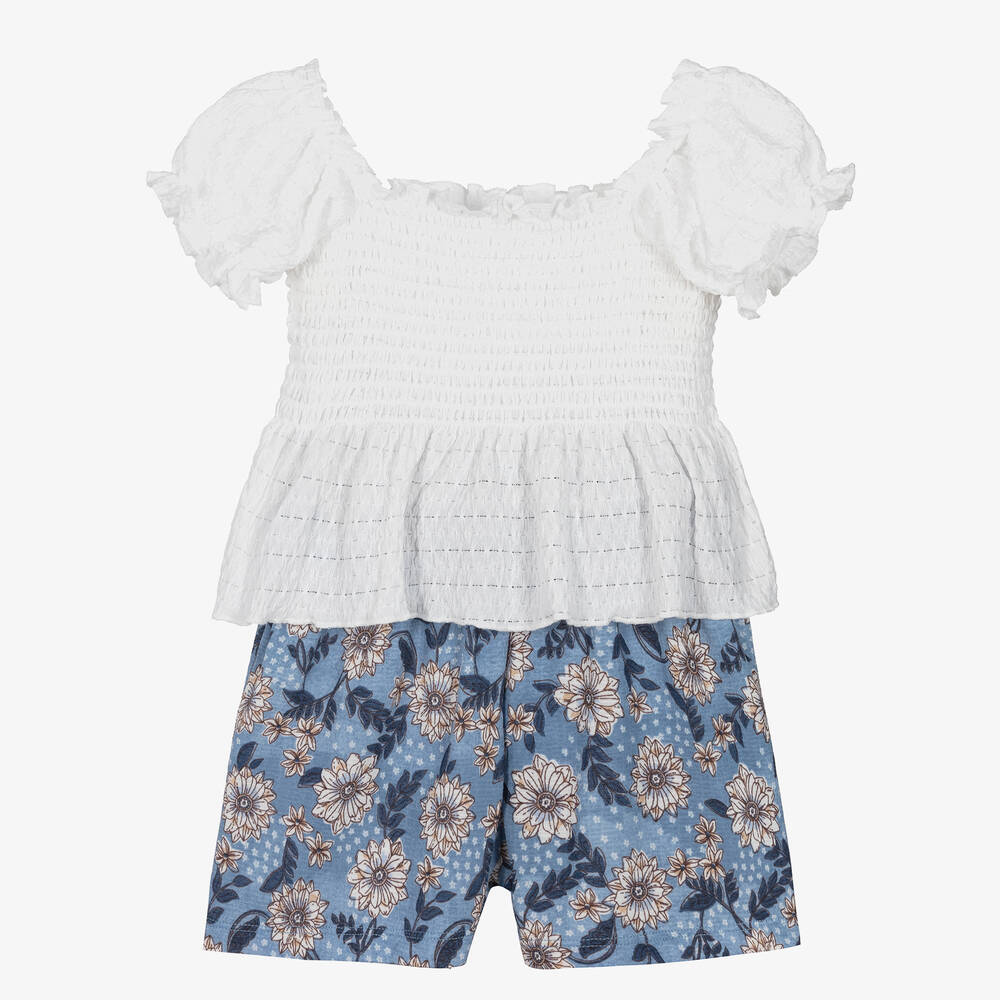 Mayoral-Белый топ и голубые шорты с цветами | Childrensalon Outlet