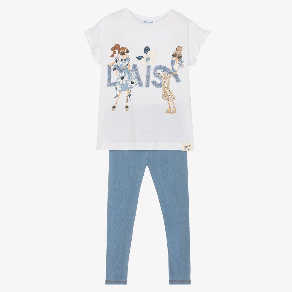 Mayoral - Girls White & Blue Leggings Set | Childrensalon