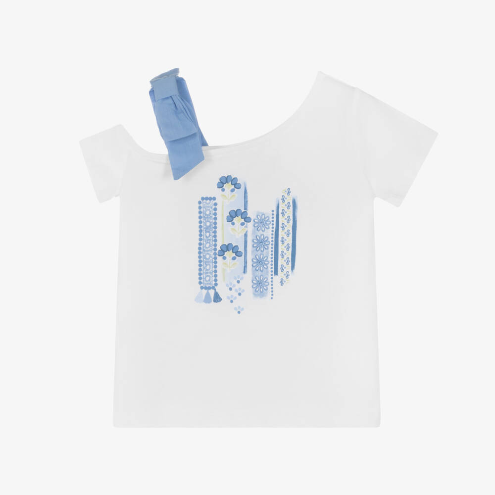 Mayoral-Girls White & Blue Patterned Tee | Childrensalon Outlet