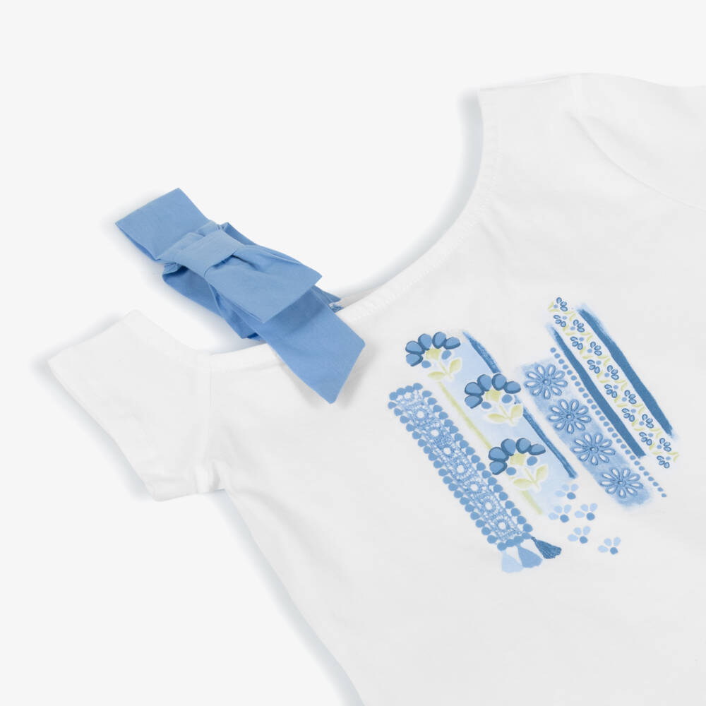 Mayoral-Girls White & Blue Patterned Tee | Childrensalon Outlet