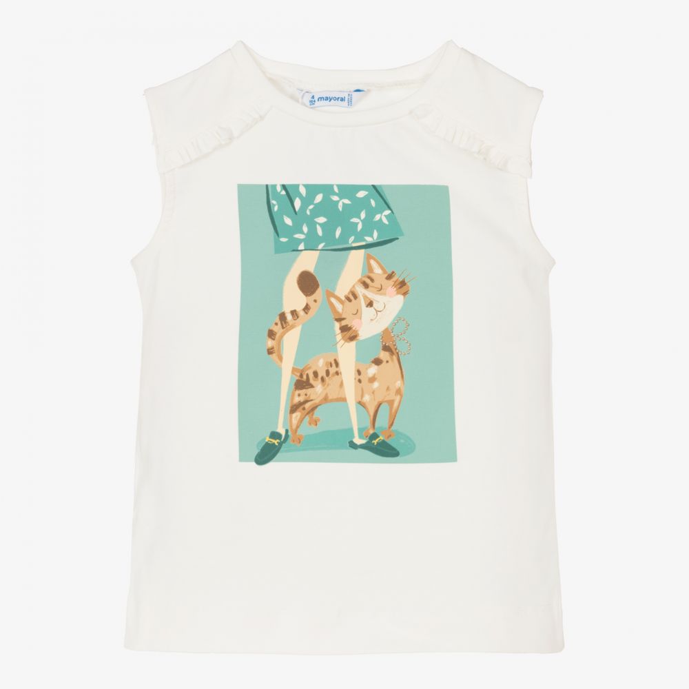 Mayoral-Girls White Cat Cotton Top | Childrensalon Outlet