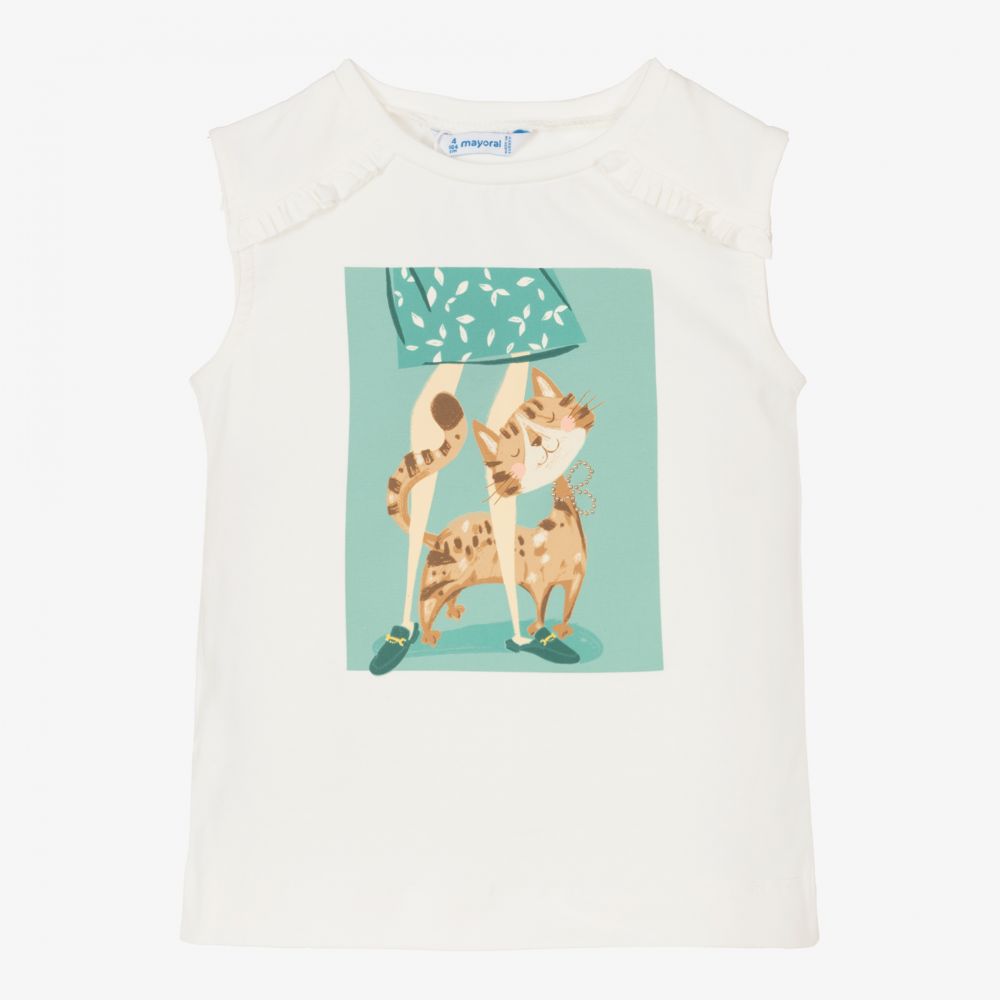 Mayoral - Girls White Cat Cotton Top | Childrensalon