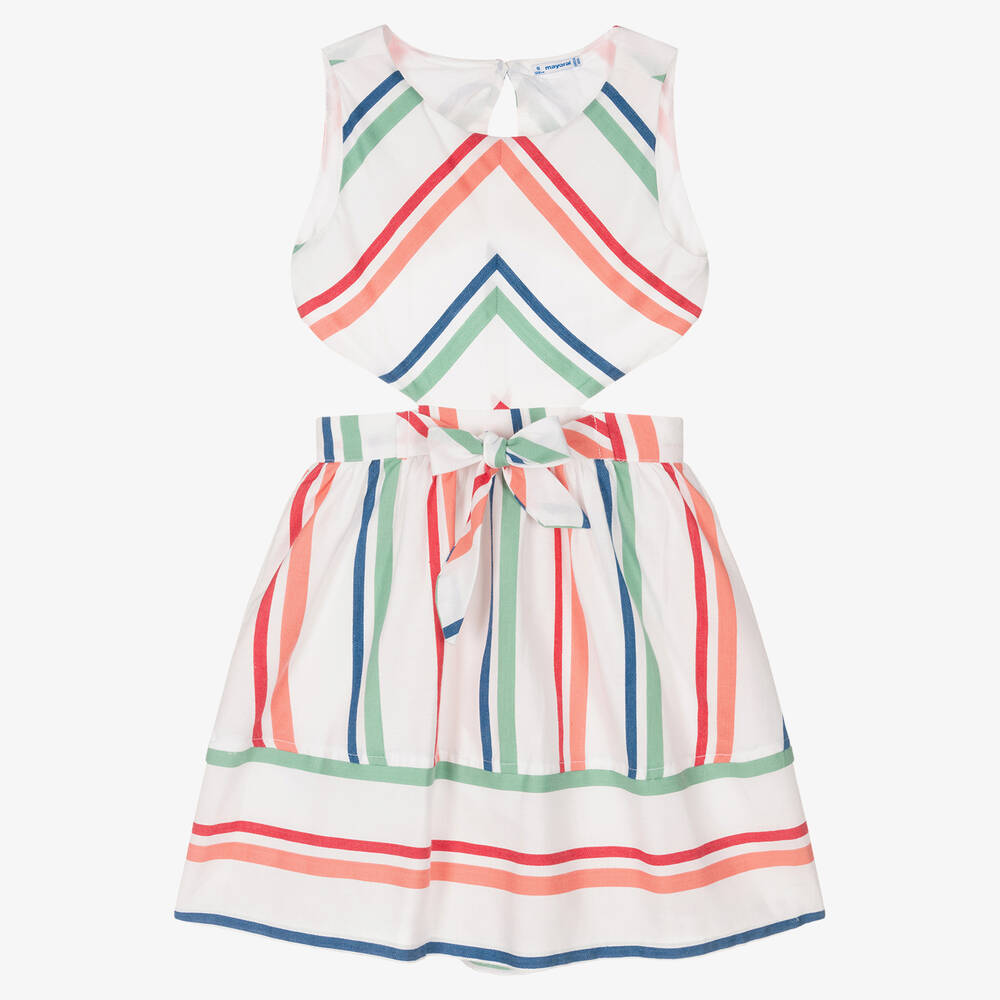 Mayoral - Girls White & Colourful Stripe Dress | Childrensalon