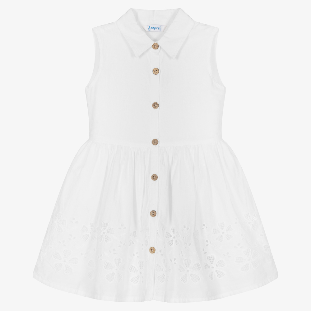 Mayoral - فستان قطن لون أبيض | Childrensalon