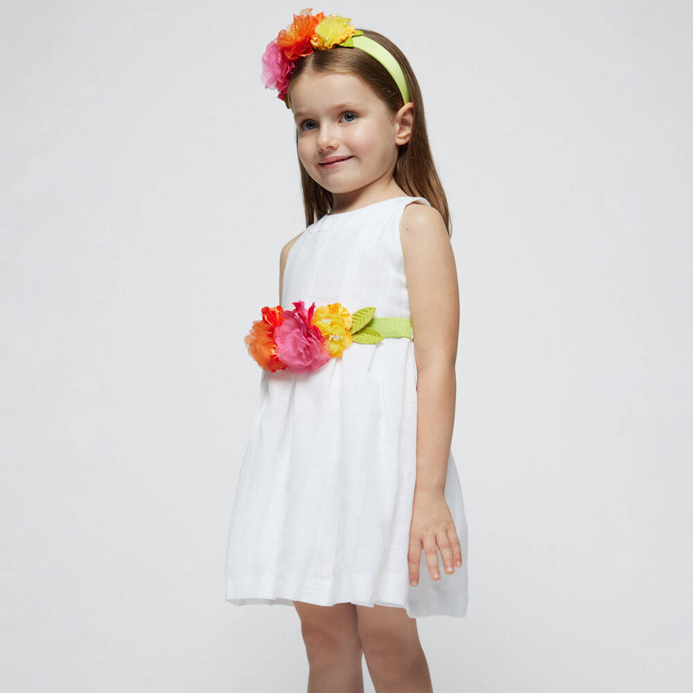 Mayoral - Girls White Cotton Flower Belt Dress
