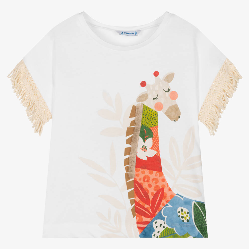 Mayoral - Girls White Cotton Giraffe T-Shirt | Childrensalon
