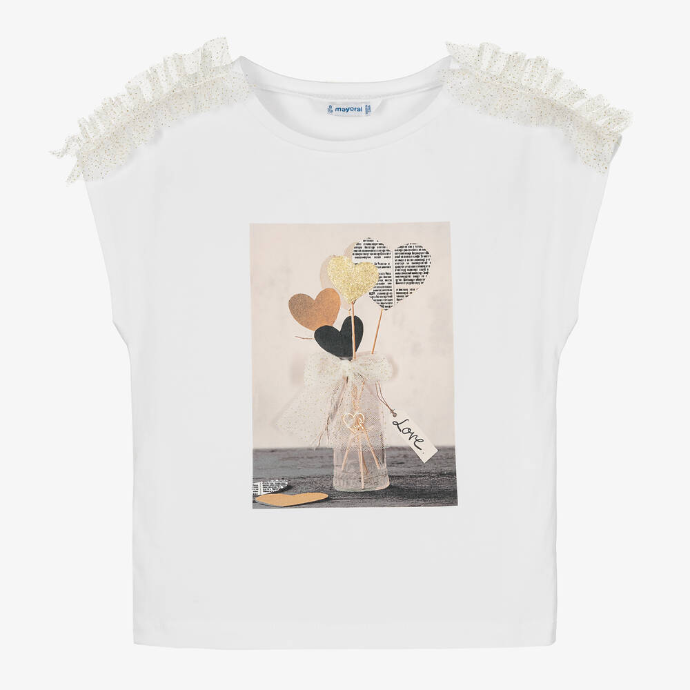 Mayoral - Girls White Cotton Heart Print T-Shirt | Childrensalon