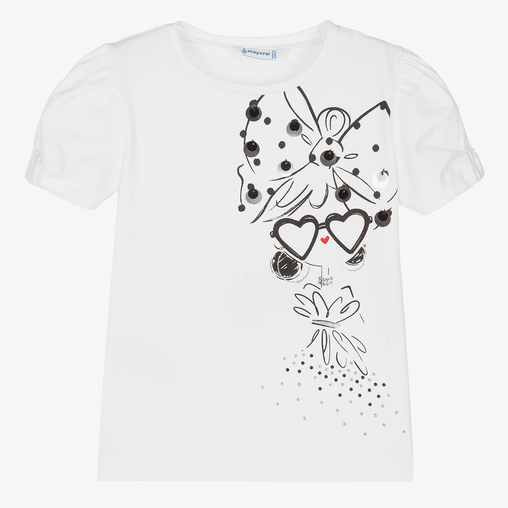 Mayoral - Girls White Cotton Jersey T-Shirt | Childrensalon