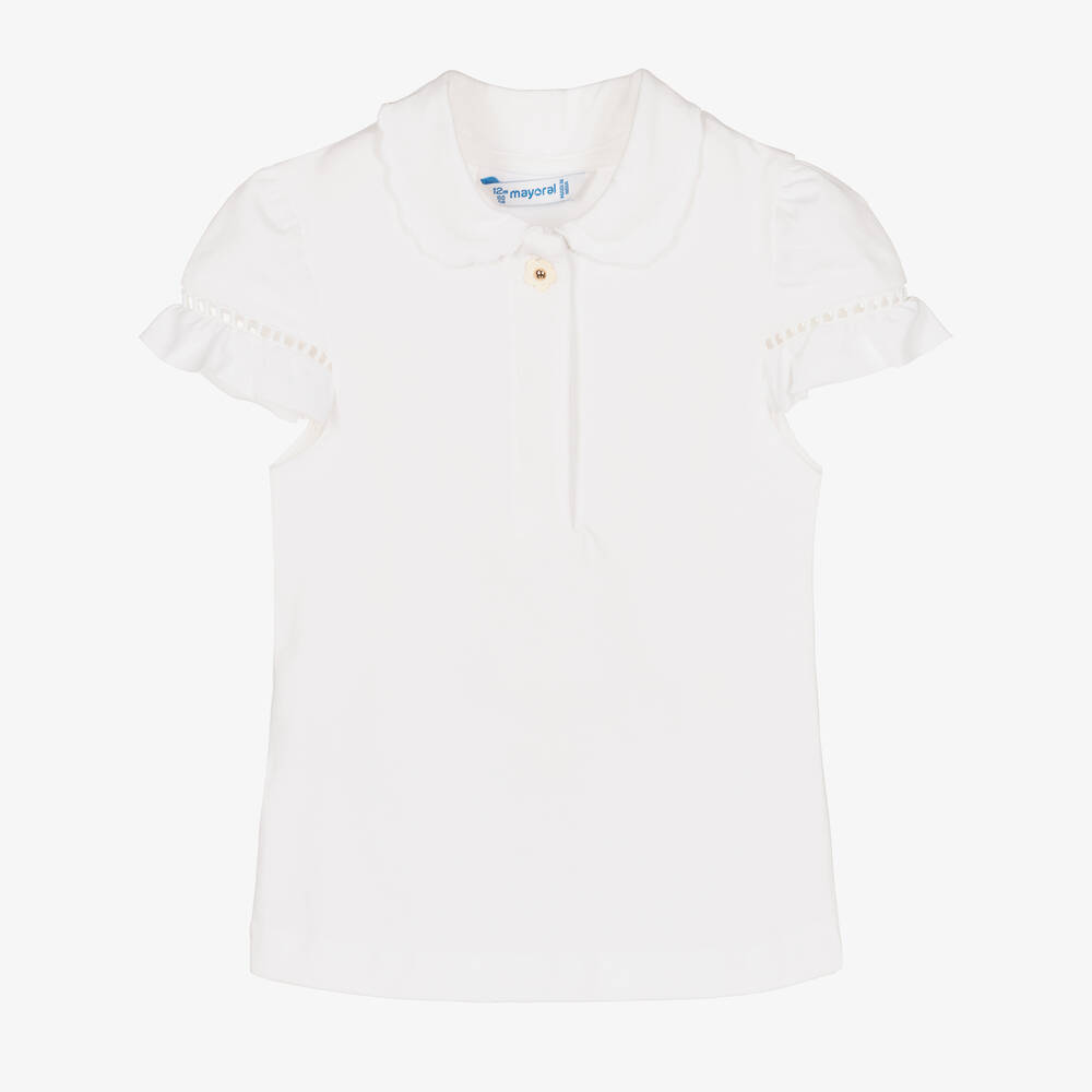 Mayoral - Girls White Cotton Polo Shirt | Childrensalon