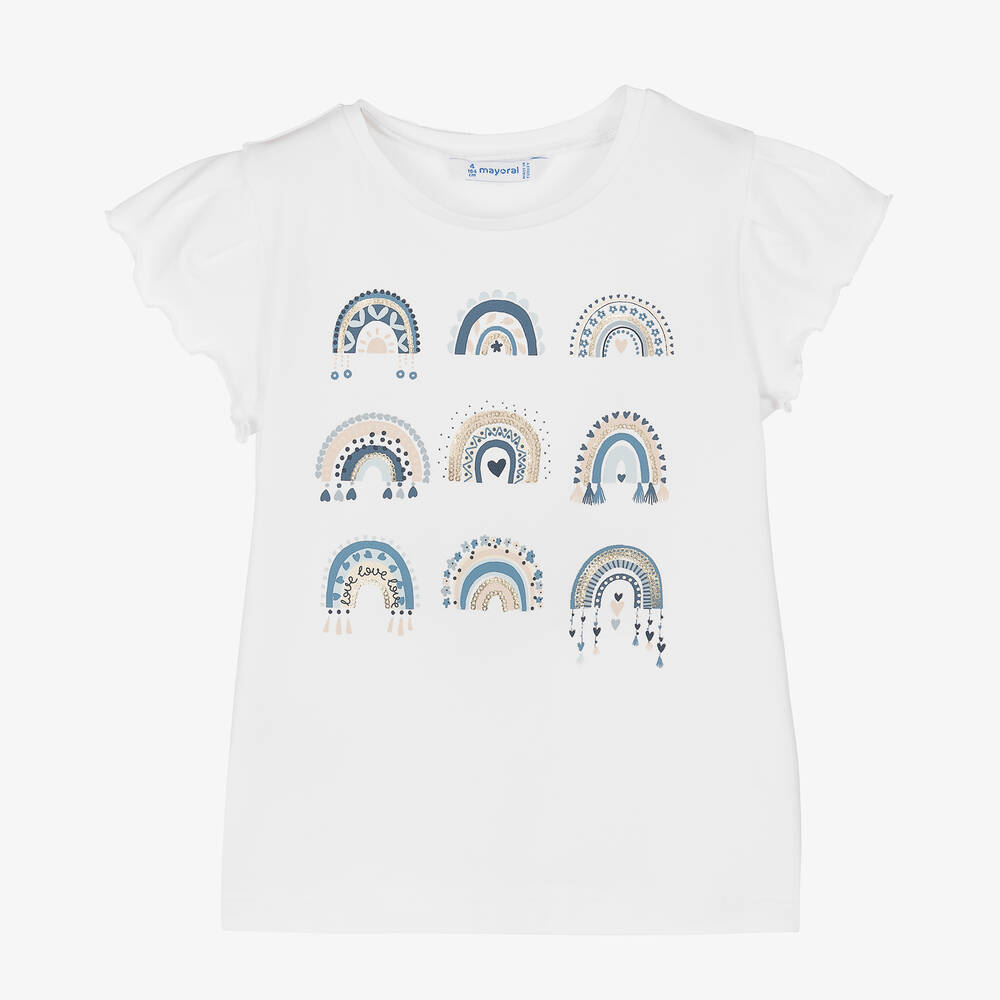 Mayoral - Girls White Cotton Rainbow T-Shirt | Childrensalon