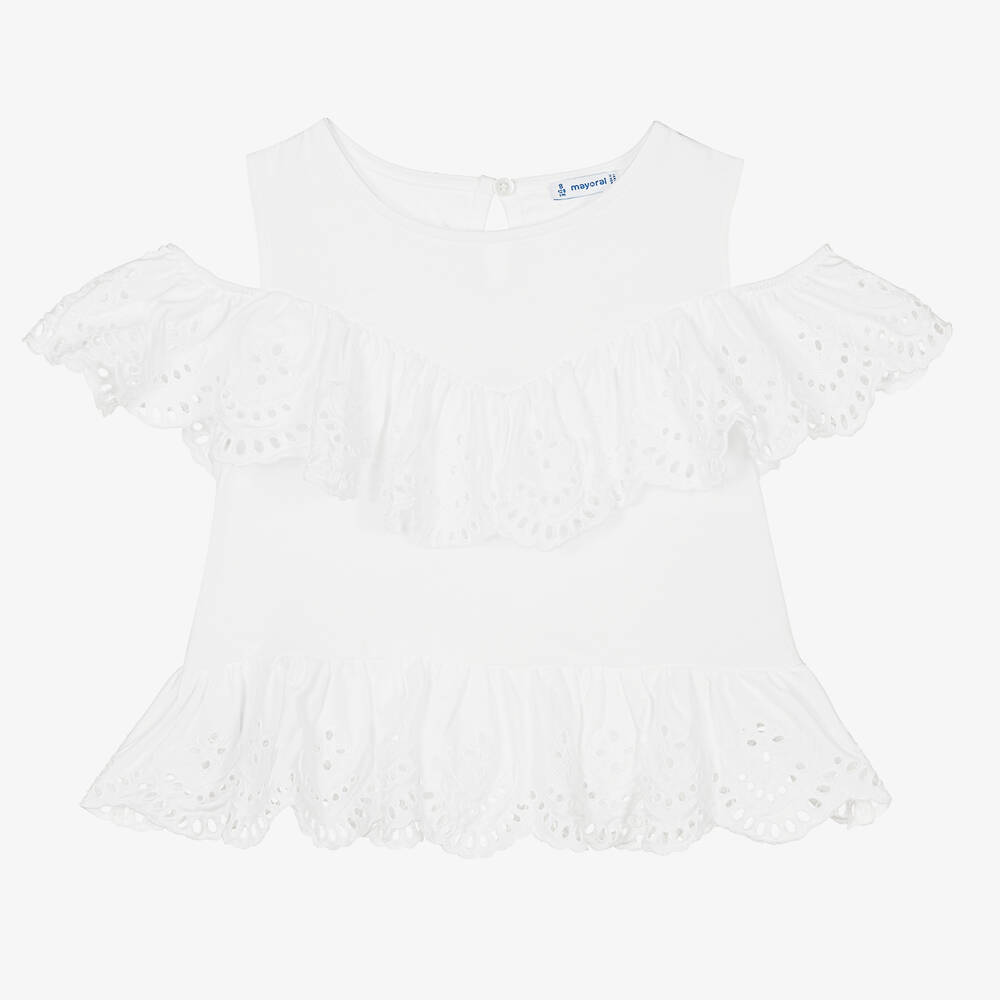 Mayoral-Girls White Cotton Ruffle Top | Childrensalon Outlet
