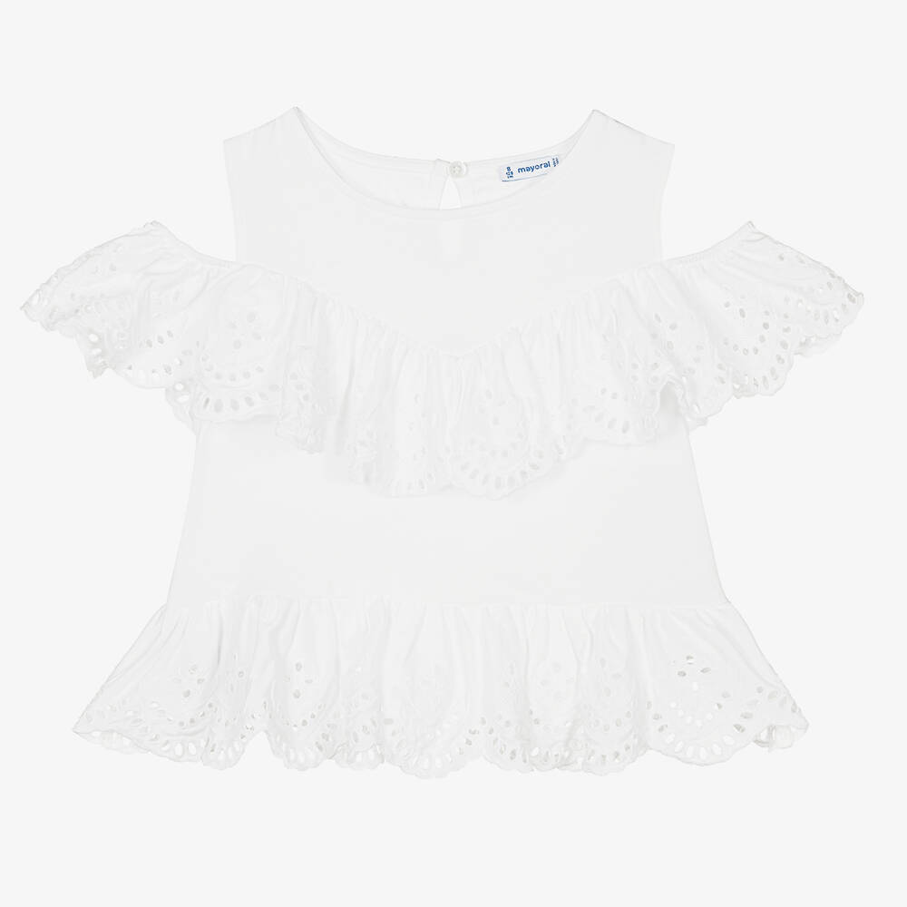 Mayoral - Girls White Cotton Ruffle Top | Childrensalon