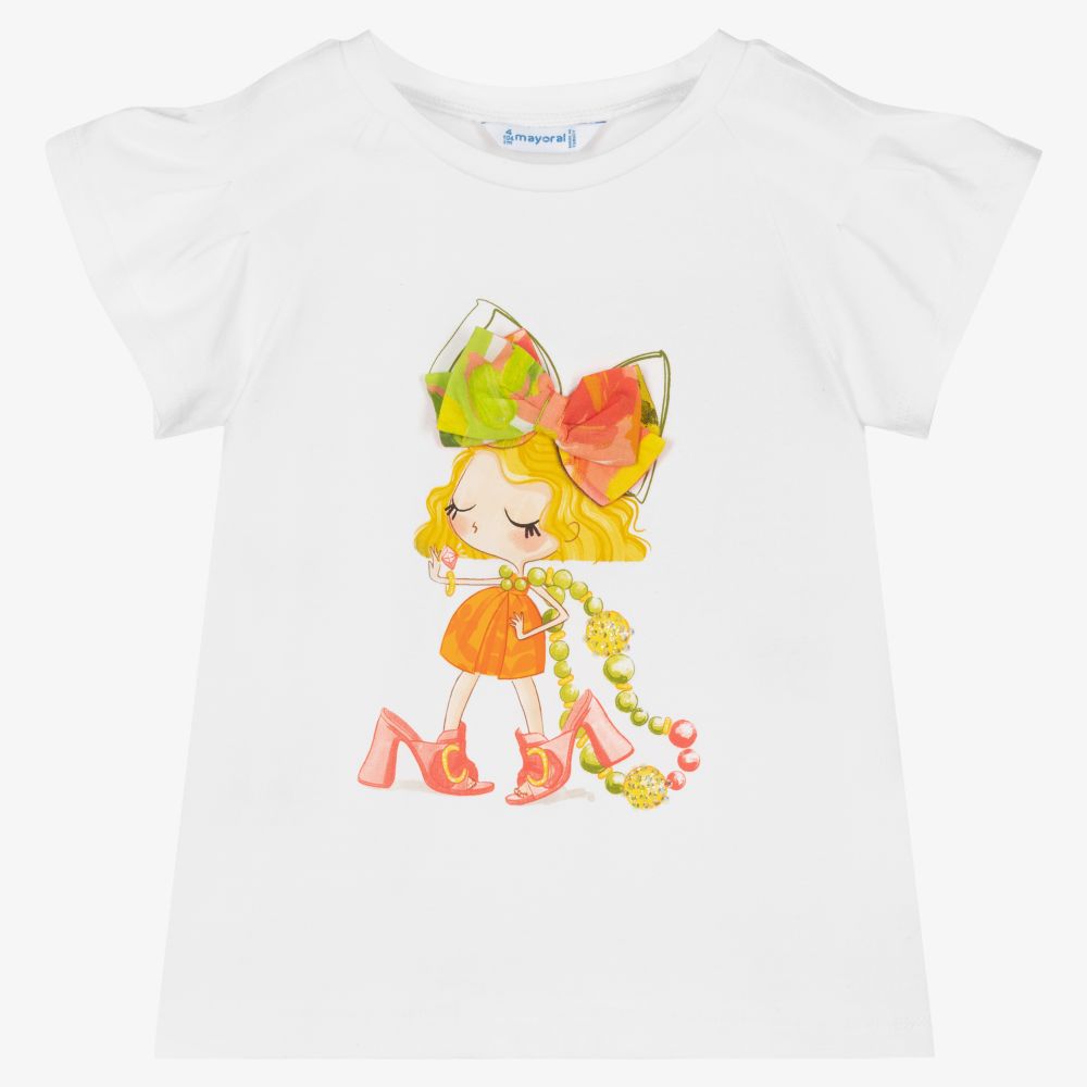 Mayoral-Белая хлопковая футболка для девочек | Childrensalon Outlet