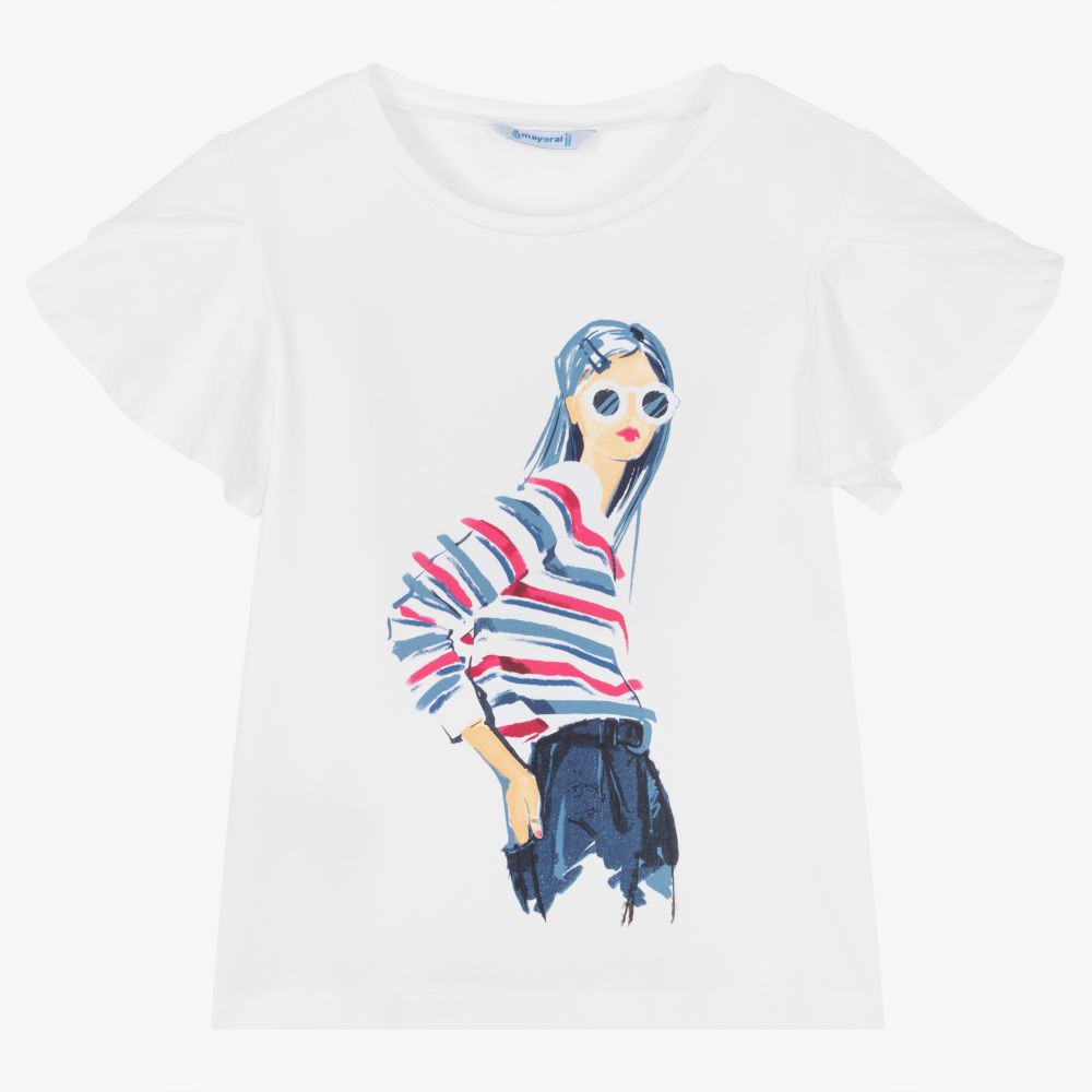 Mayoral - Girls White Cotton T-Shirt | Childrensalon