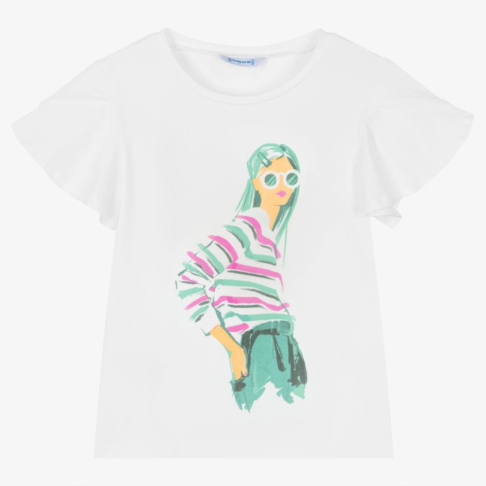 Mayoral - Girls White Cotton T-Shirt | Childrensalon