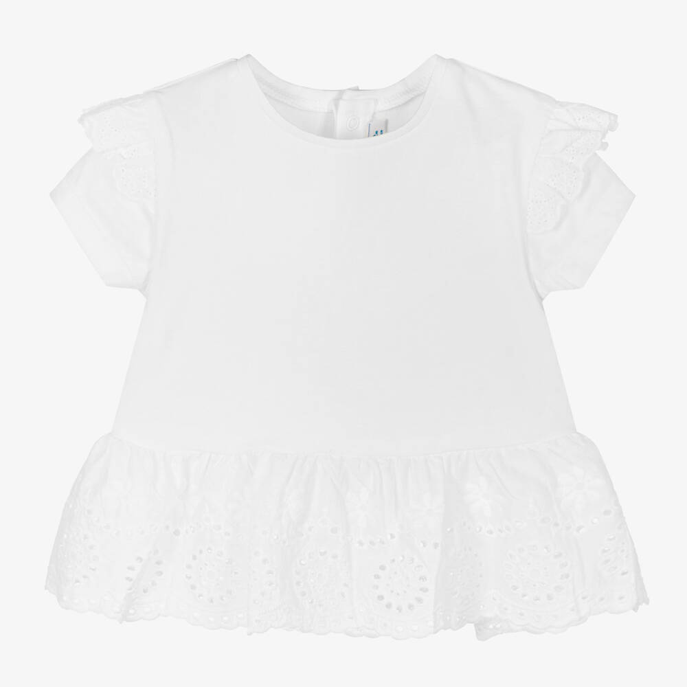 Mayoral - Girls White Cotton T-Shirt | Childrensalon