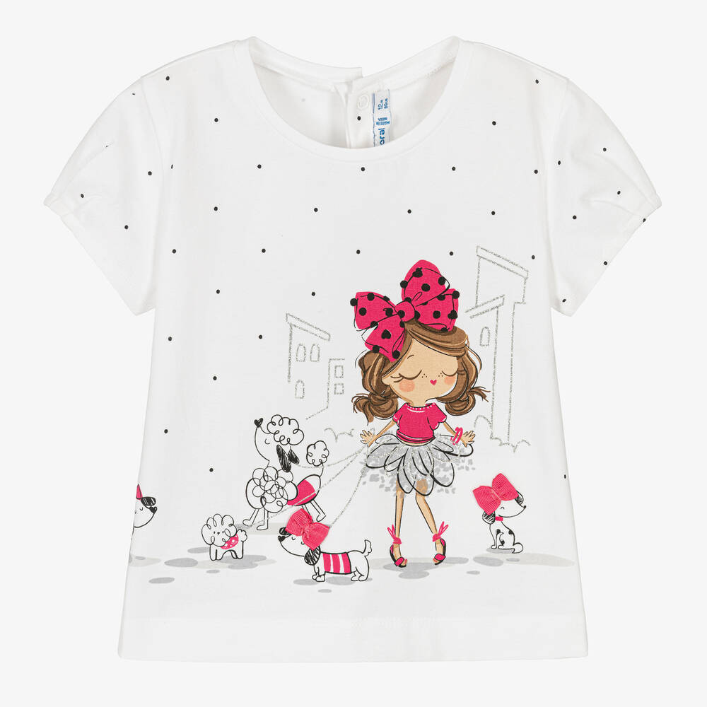 Mayoral - Girls White Cotton T-Shirt | Childrensalon