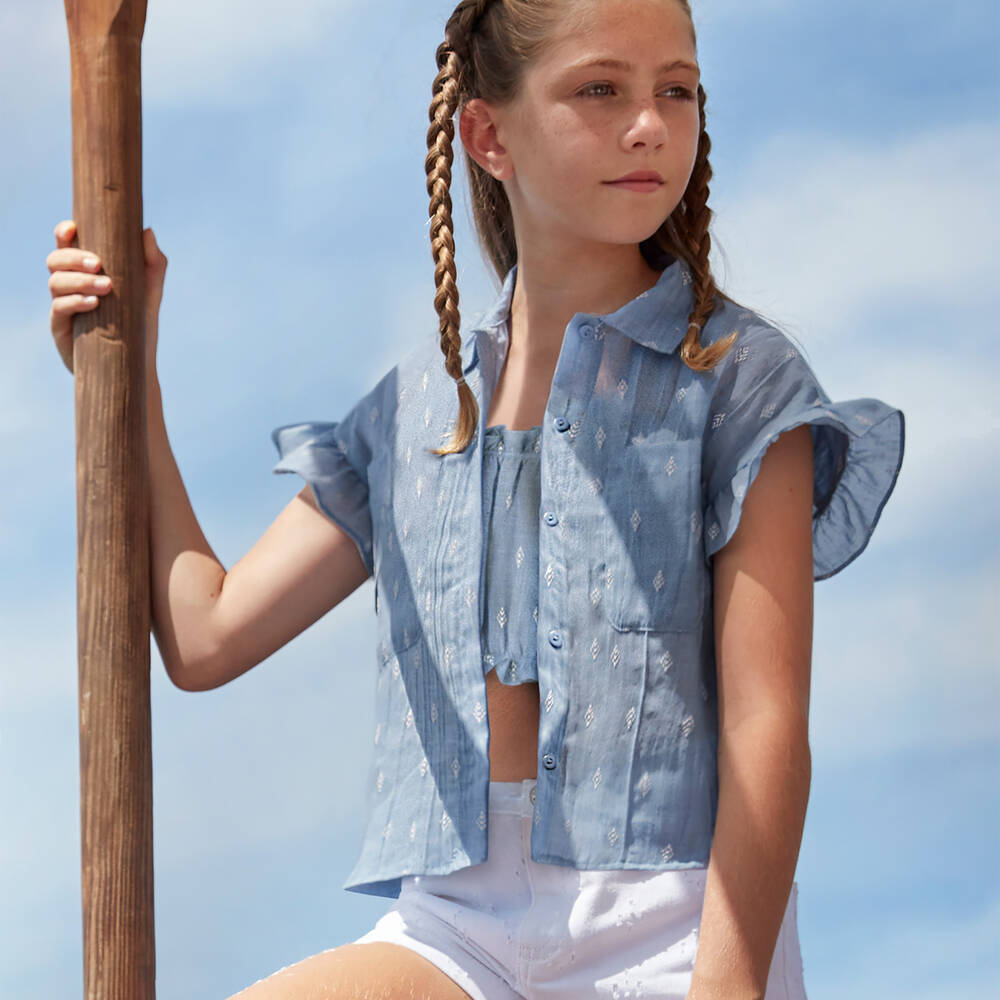 مايورال-شورت قطن دنيم لون أبيض للبنات | Childrensalon Outlet