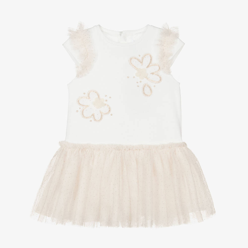 Mayoral-Платье из белого и золотого тюля с цветочным узором для девочек | Childrensalon Outlet