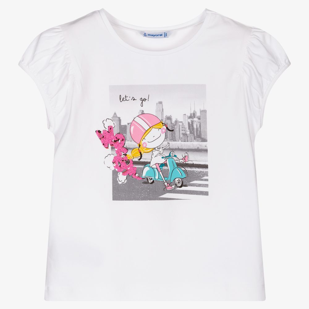 Mayoral - Girls White Graphic T-Shirt | Childrensalon