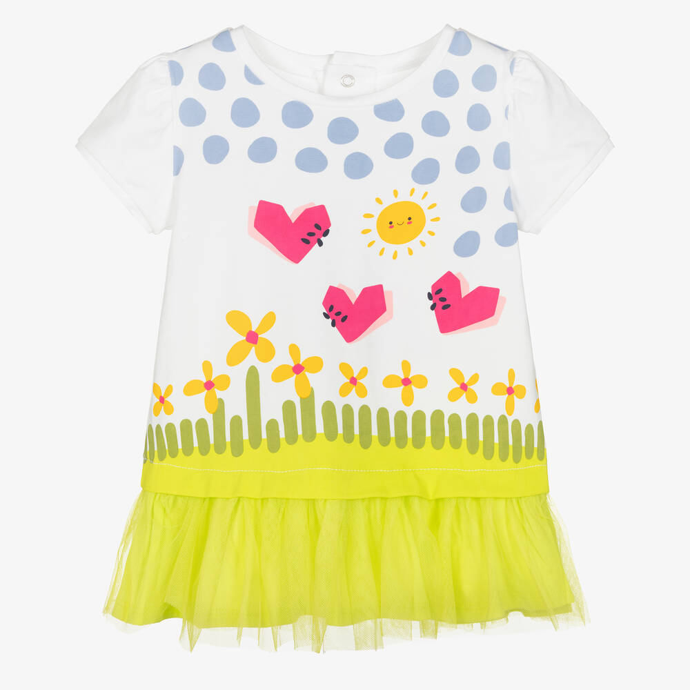 Mayoral - Girls White & Green Cotton Dress | Childrensalon