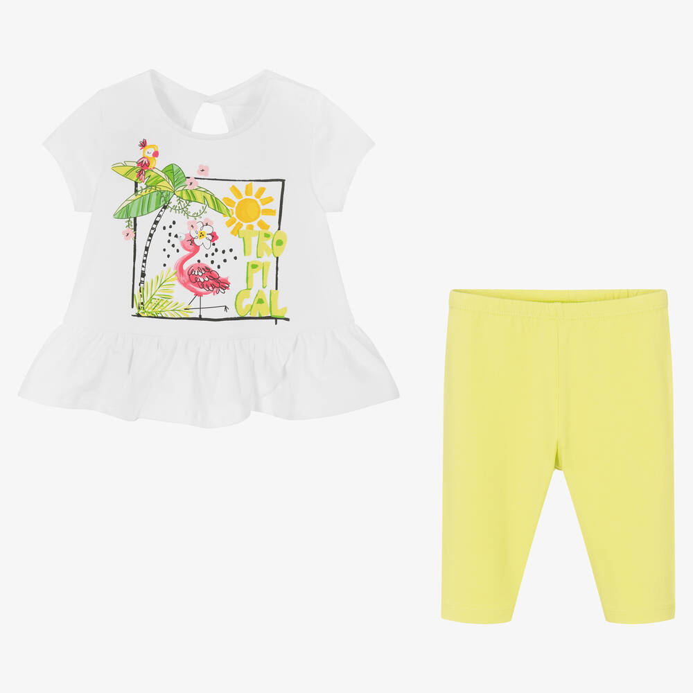 Mayoral-Белая футболка и зеленые легинсы из хлопка | Childrensalon Outlet