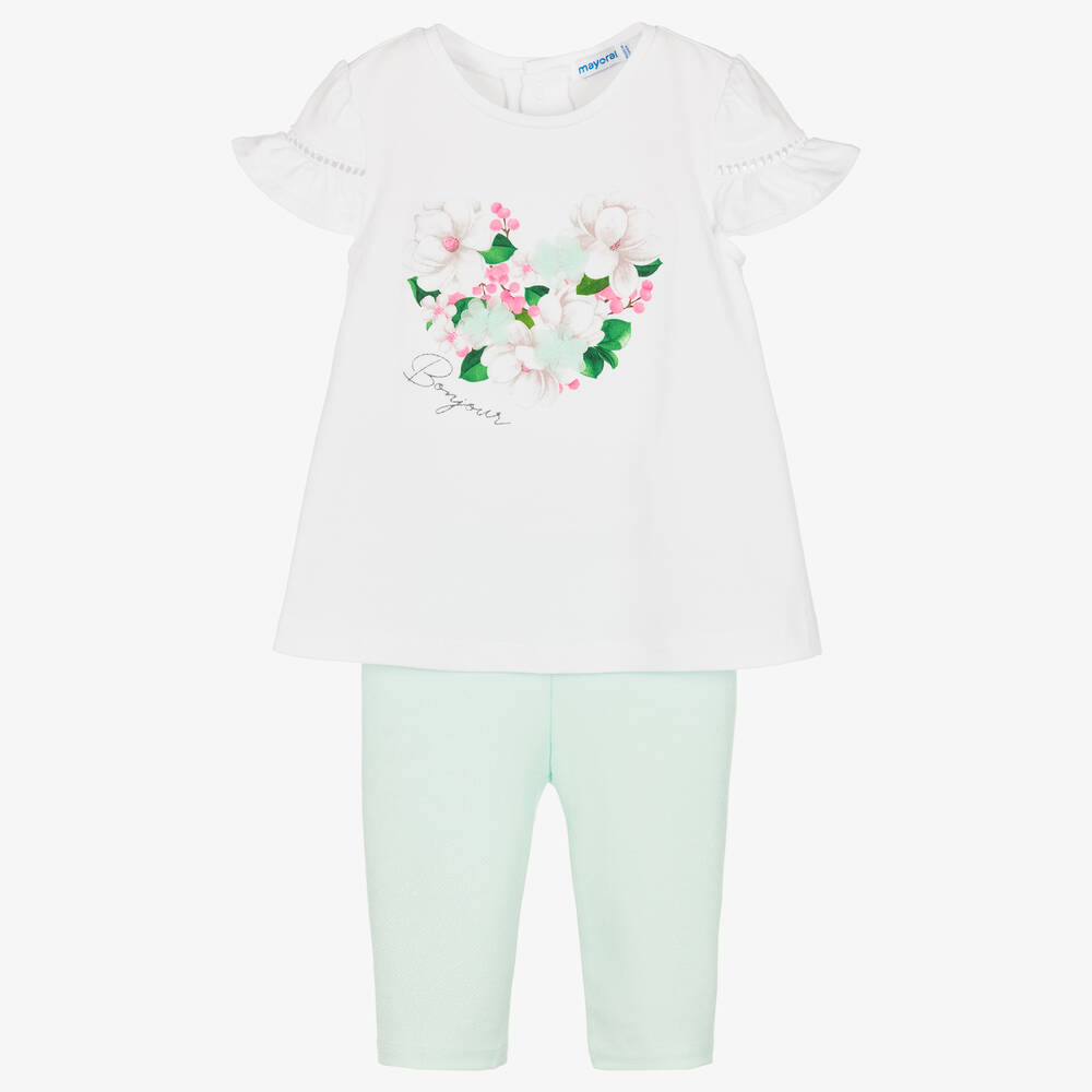 Mayoral - Белый топ с цветами и зеленые легинсы | Childrensalon