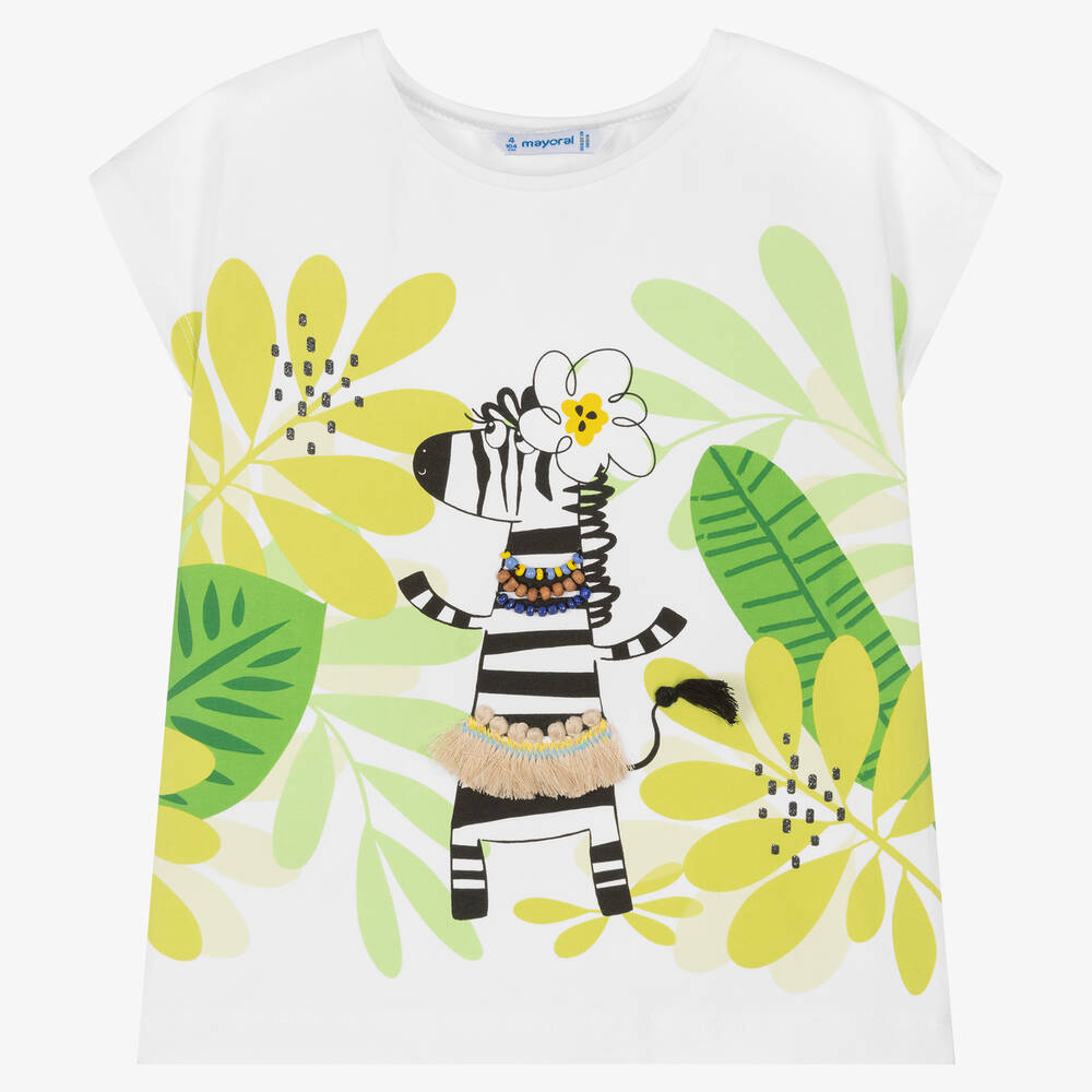 Mayoral - Girls White Jungle Print Cotton T-Shirt | Childrensalon