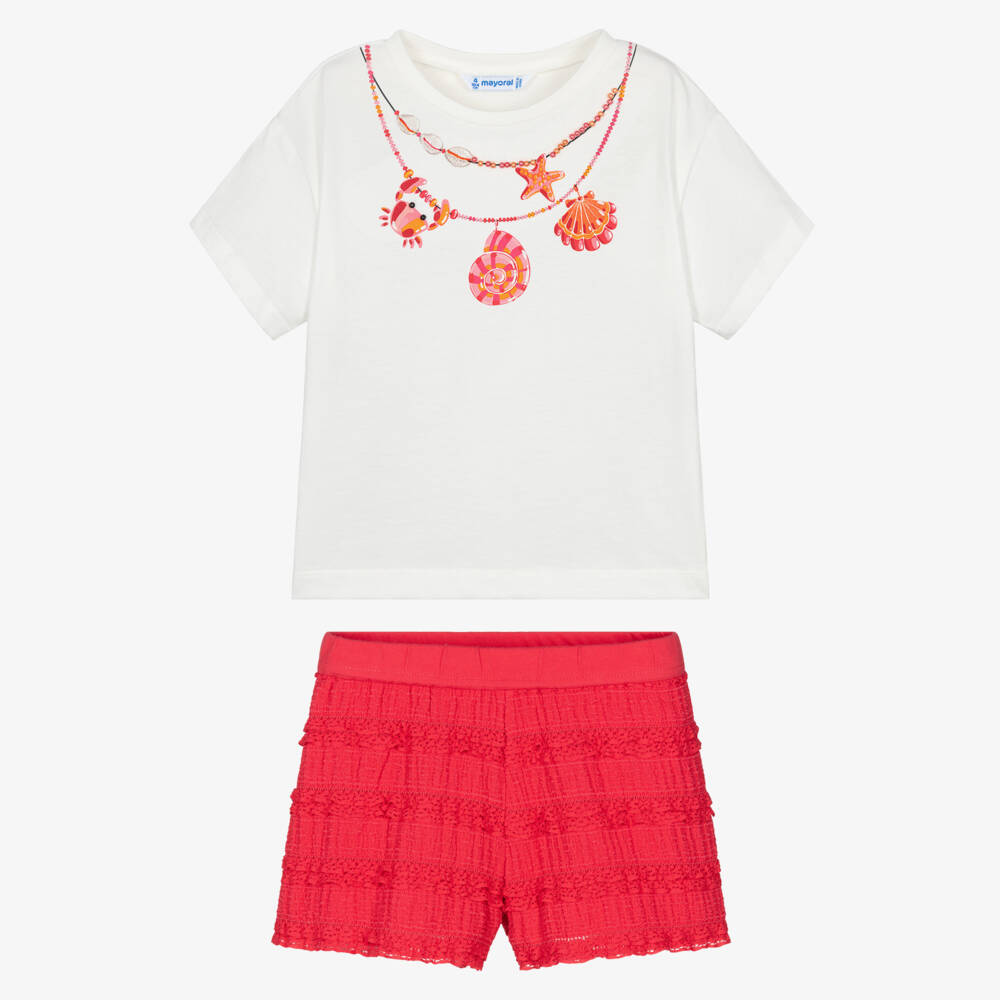 Mayoral-Girls White Necklace T-Shirt & Red Lace-Trimmed Shorts Set | Childrensalon Outlet