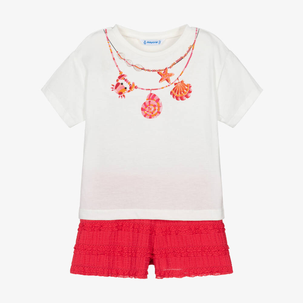 Mayoral-Girls White Necklace T-Shirt & Red Lace-Trimmed Shorts Set | Childrensalon Outlet