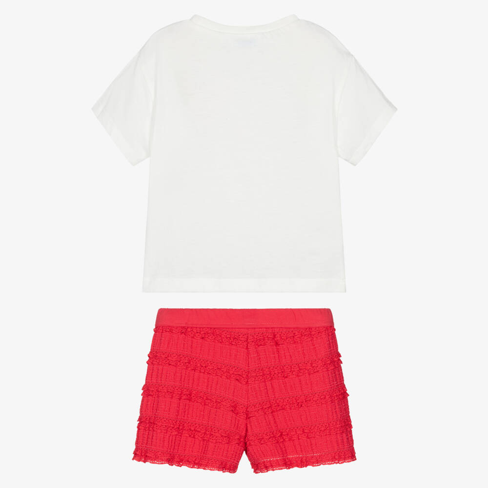 Mayoral-Girls White Necklace T-Shirt & Red Lace-Trimmed Shorts Set | Childrensalon Outlet