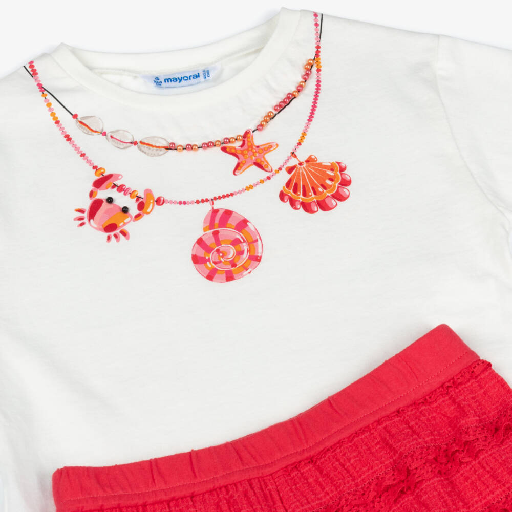 Mayoral-Girls White Necklace T-Shirt & Red Lace-Trimmed Shorts Set | Childrensalon Outlet