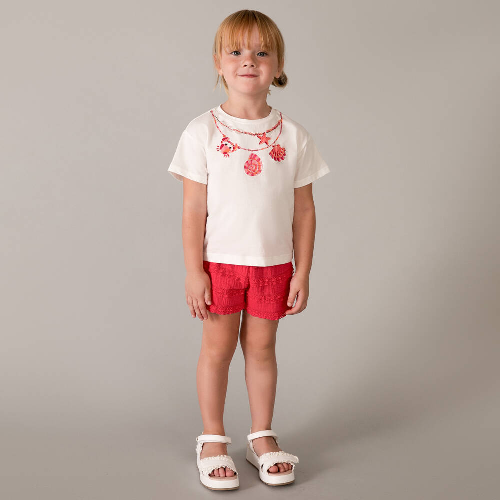 Mayoral-Girls White Necklace T-Shirt & Red Lace-Trimmed Shorts Set | Childrensalon Outlet